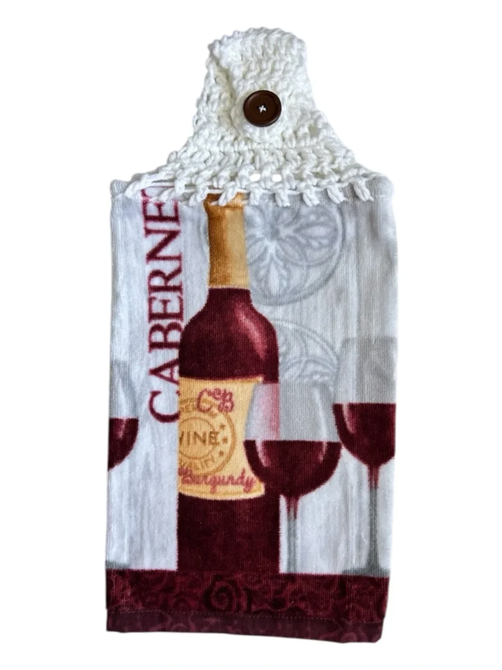 Hand Crafted Cabernet Wine Hanging Kitchen Towel with Burgundy and White Design